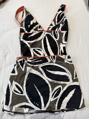 Dkny Black White Abstract two-Piece Swimsuit with Coral Trim and matching sarong